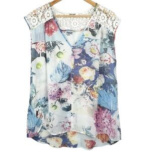Daniel Rainn Sheer Floral Sleeveless V-Neck Crochet Neck & Shoulder Blouse L
